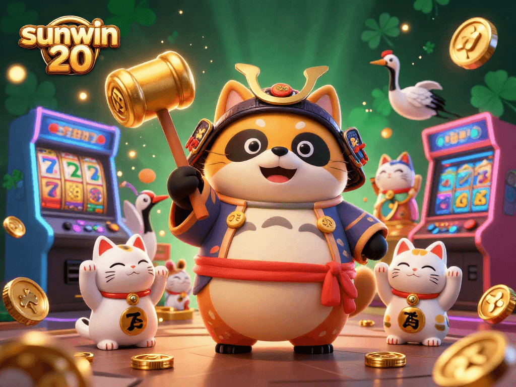 Play casino games with sunwin 20, featuring vibrant graphics of a tanuki and lucky symbols.