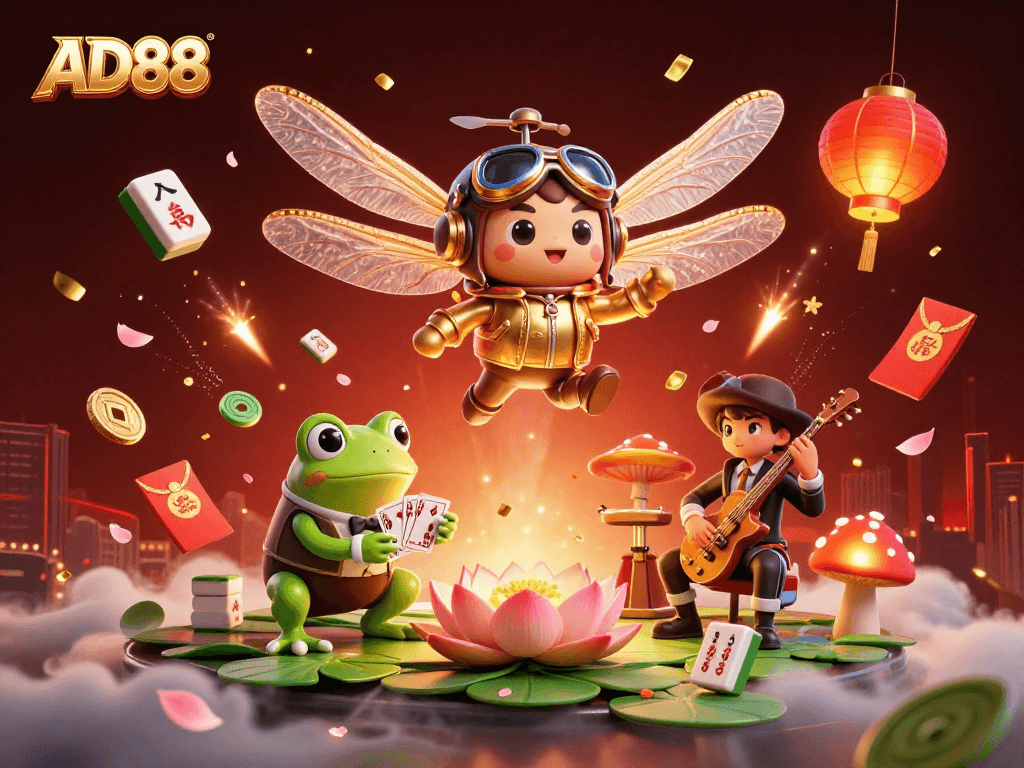 Experience exhilarating gaming adventures with AD88, where the dragonfly pilot hovers over a vibrant lily pad casino.