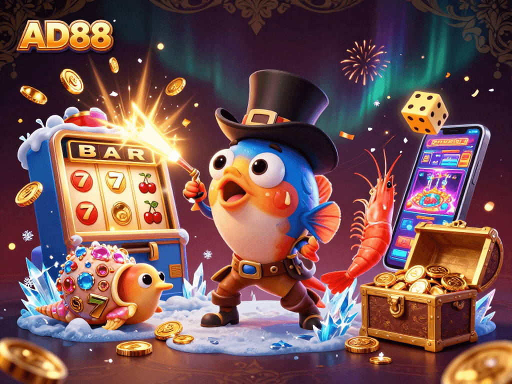 Experience the thrilling action of AD88 with an enchanting underwater scene featuring vibrant casino elements.