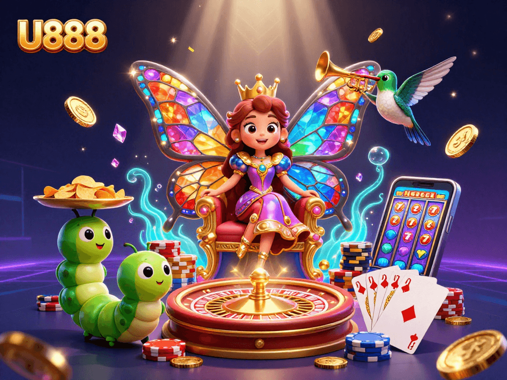 Engage in exhilarating gameplay at U888, where vibrant characters and casino elements come alive in a dazzling illustration.