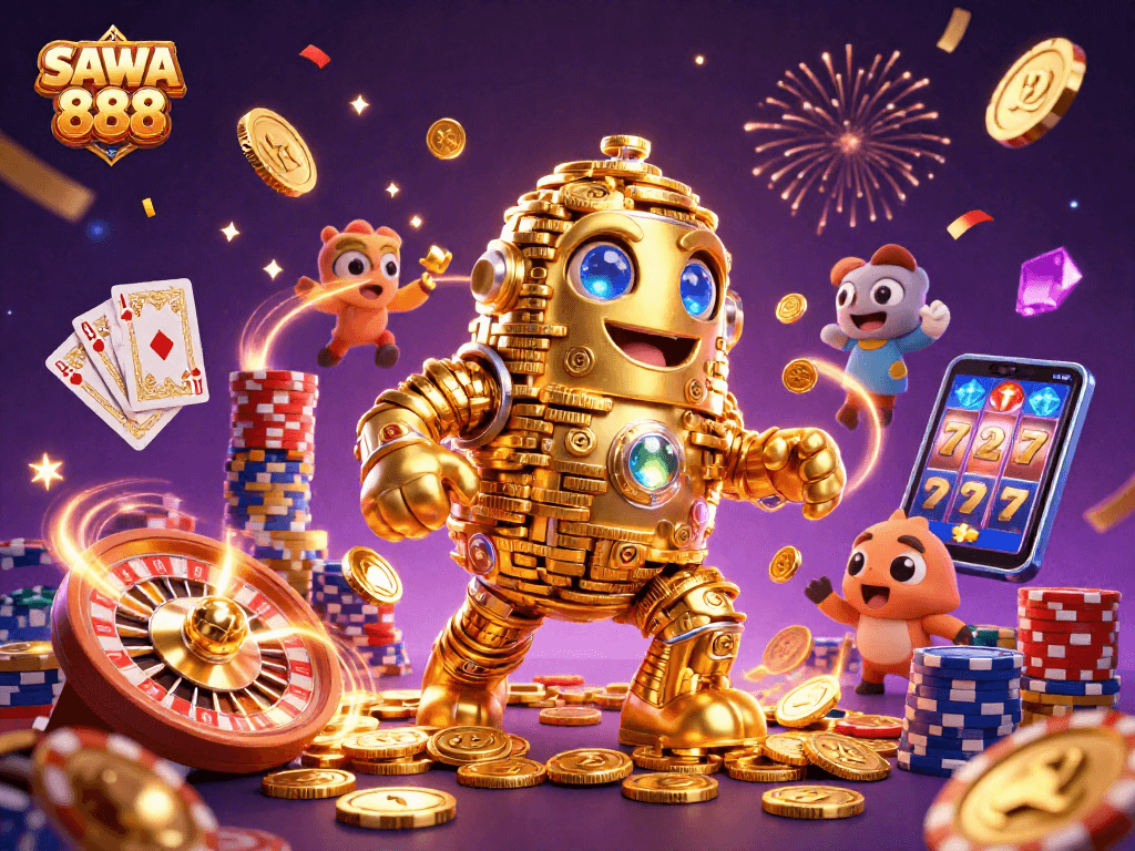 Experience the thrill of SAWA 888 with dynamic gold golem surrounded by exciting casino elements.