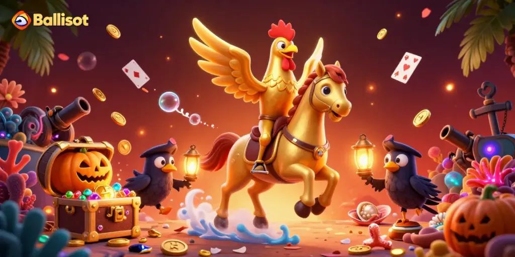 Balislot showcase: a vibrant 3D scene featuring a golden rooster headless horseman in a casino setting, emphasizing gameplay excitement.