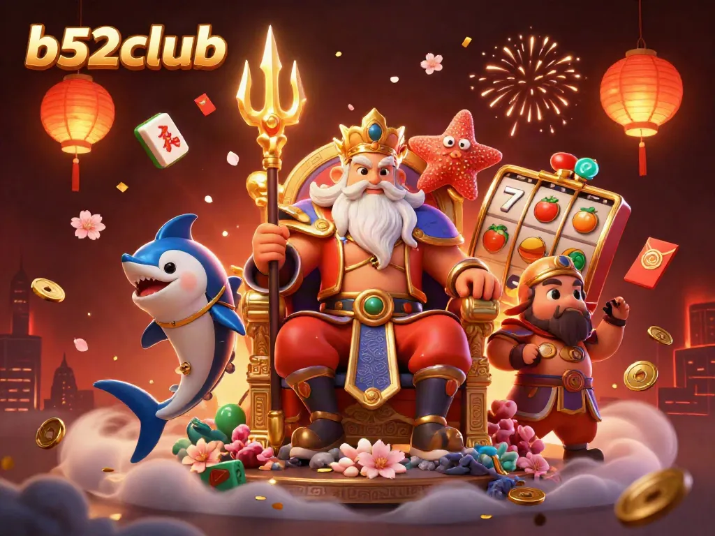 Experience the thrill of b52club with vibrant jackpot elements featuring Neptune and samurai in a dynamic casino setting.