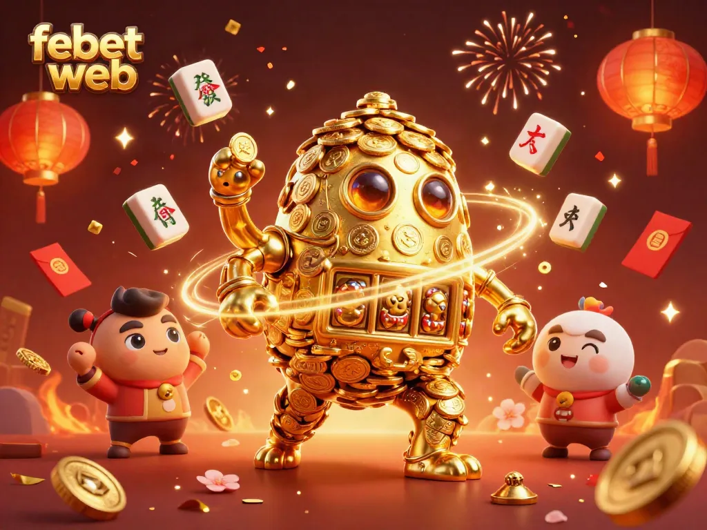 Experience thrilling gameplay at febet web with a golden coin golem amidst festive casino activities