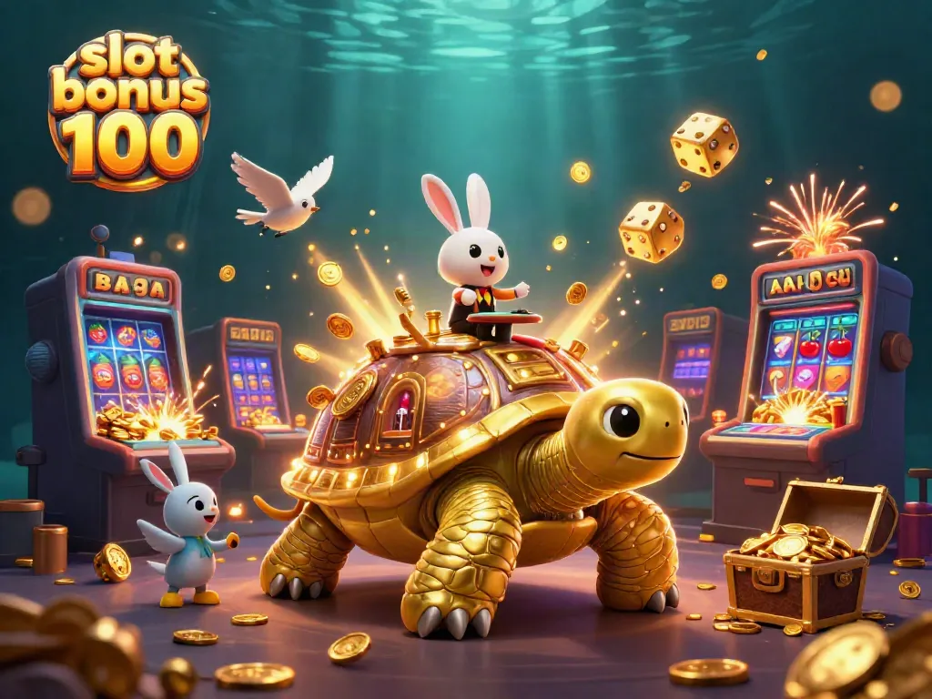 Experience the excitement of slot bonus 100 with a vibrant 3D casino illustration featuring coins and characters.