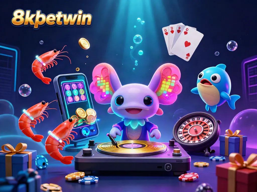 Experience the excitement of 8xbetwin with a vibrant 3D underwater casino scene featuring a cartoon axolotl DJ and colorful gaming elements.