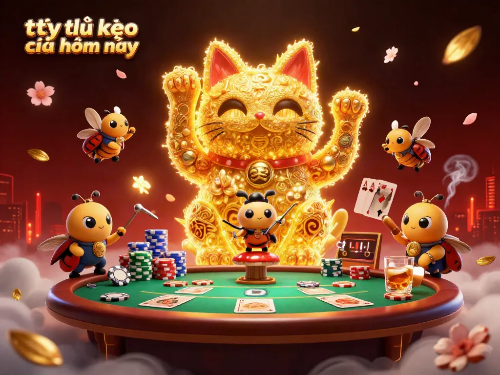 Bet on tỷ lệ kèo nhà cái hôm nay featuring a vibrant scene with casino symbols and a lucky cat.