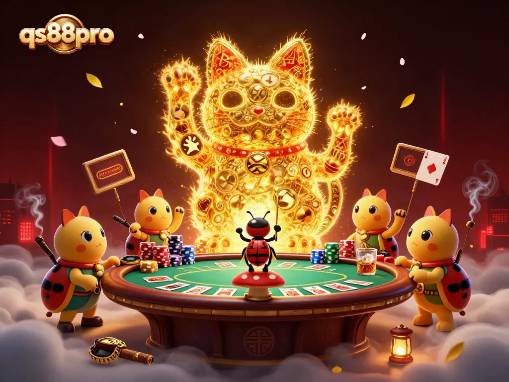Engage with the enchanting world of qs88pro as golden fireflies showcase casino charm alongside a giant lucky cat.