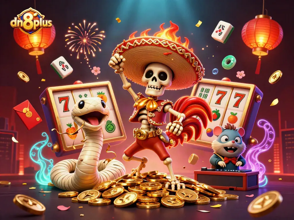 Spin and win with dn88plus, showcasing vibrant 3D casino elements and lively cartoon characters.