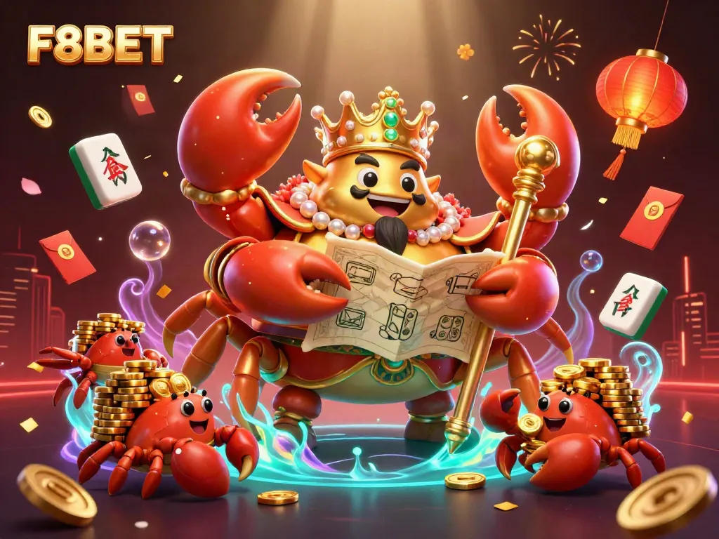 Join the excitement at F8BET with a dazzling 3D casino scene featuring a golden crab emperor and his treasure map.