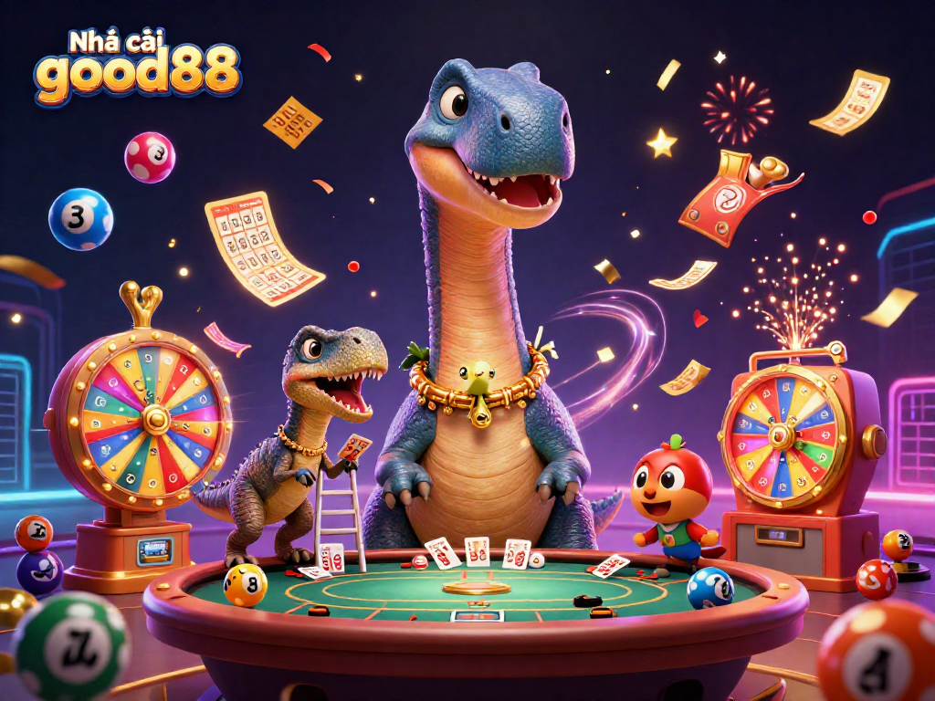Engage in thrilling action at Nhà cái good88 with colorful lottery balls and vibrant casino elements.
