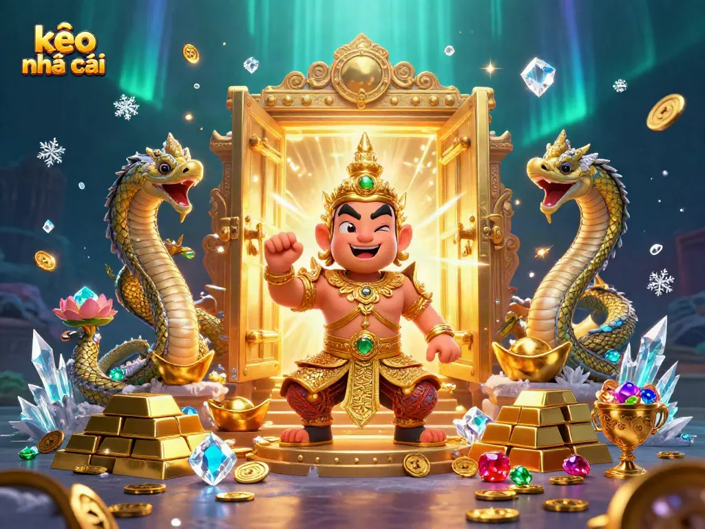 Experience the thrill of kèo nhà cái with vibrant 3D guardians and treasure elements bursting forth.