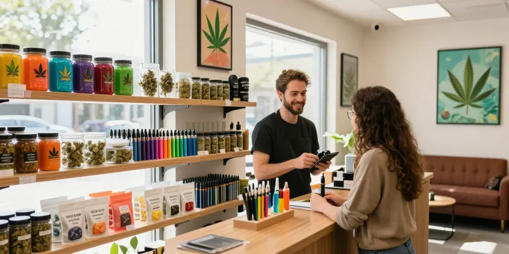 Premium cannabis products displayed in a vibrant, inviting cannabis shop.