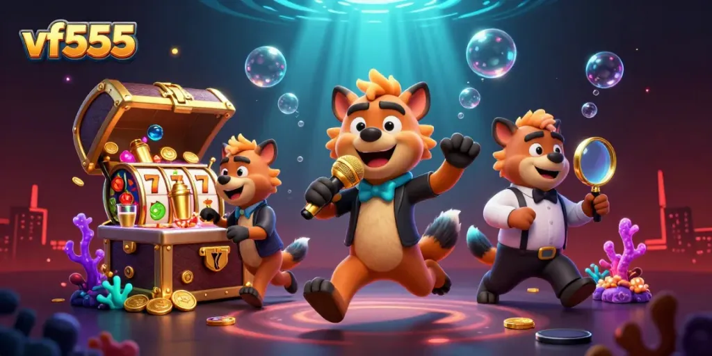 Experience the vibrant vf555 casino with lively hyenas, gold coins, and colorful slot elements.