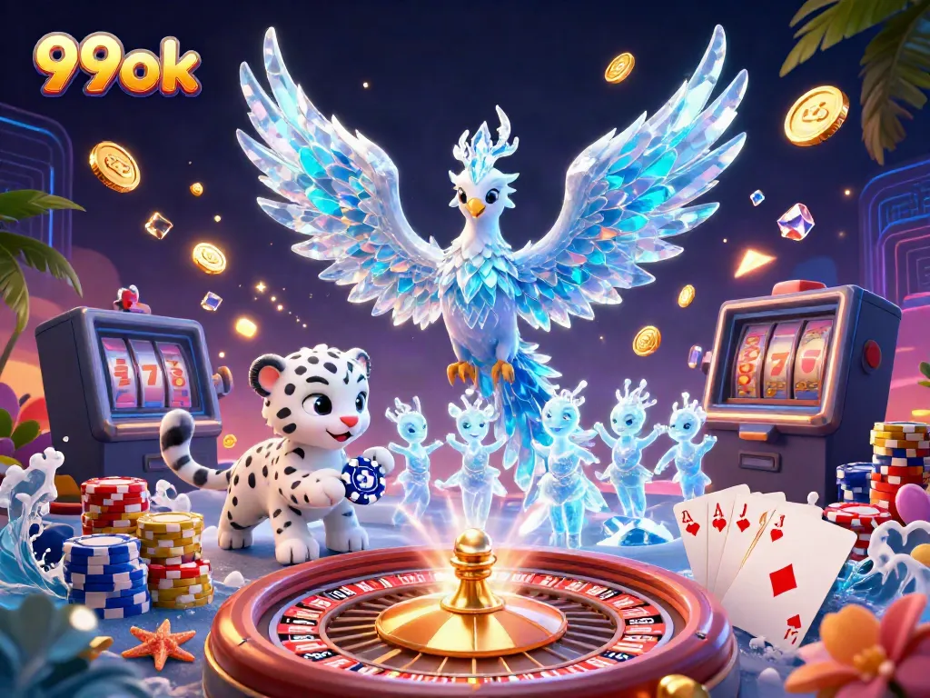 Experience thrilling gameplay with 99ok as vibrant characters play with casino elements in an enchanting scene.
