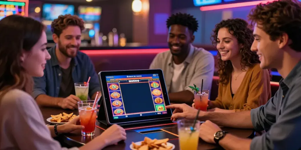 Friends enjoying slots not on GamStop at a stylish online casino, vibrant atmosphere with cocktails.