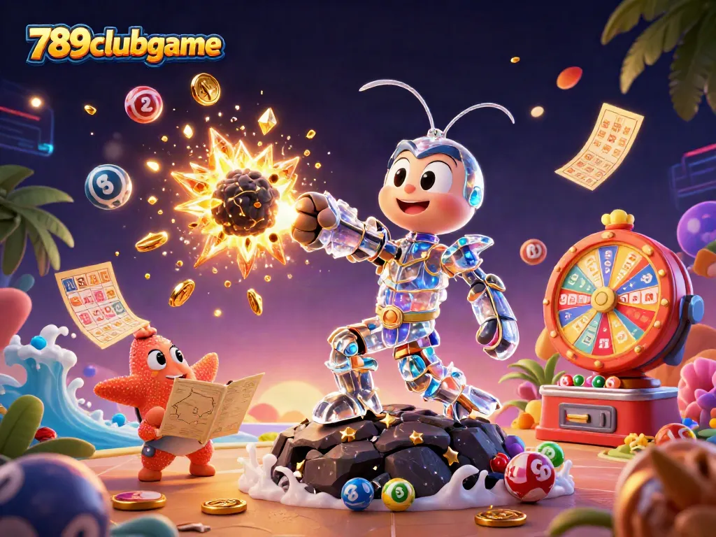 Engage with 789clubgame as a mantis shrimp unleashes gems from an asteroid in a vibrant casino universe.