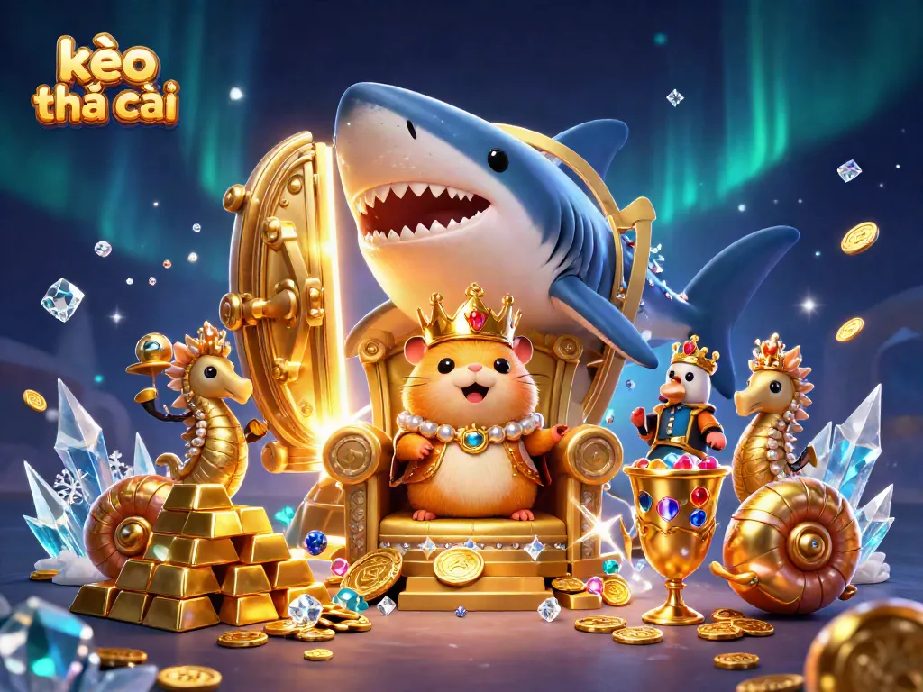 Engage with kèo nhà cái through a vibrant scene featuring a golden hamster king and treasure.