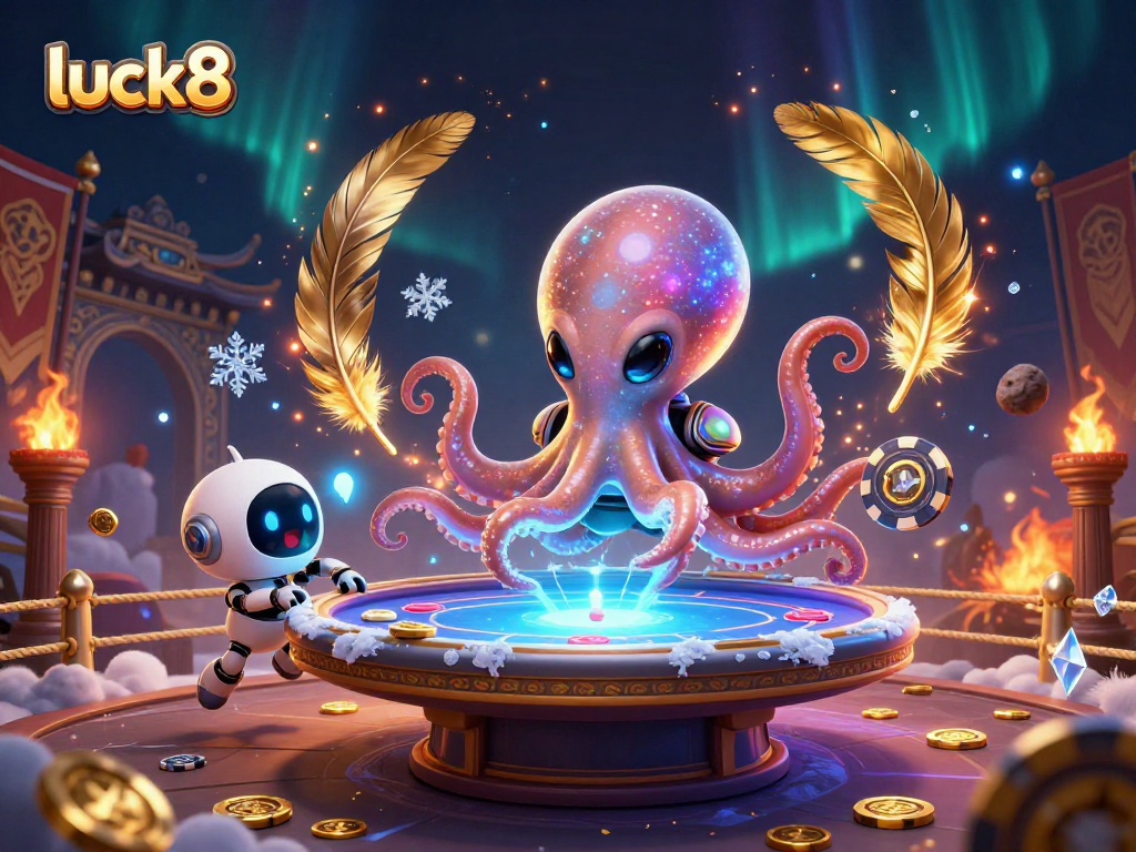 Experience excitement at luck8 with an alien octopus operating a holographic poker table amidst vibrant casino elements.