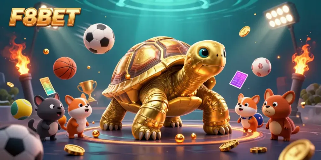 Engaging scene of F8BET with a massive golden tortoise pinball machine, thrilling animated gambling elements.