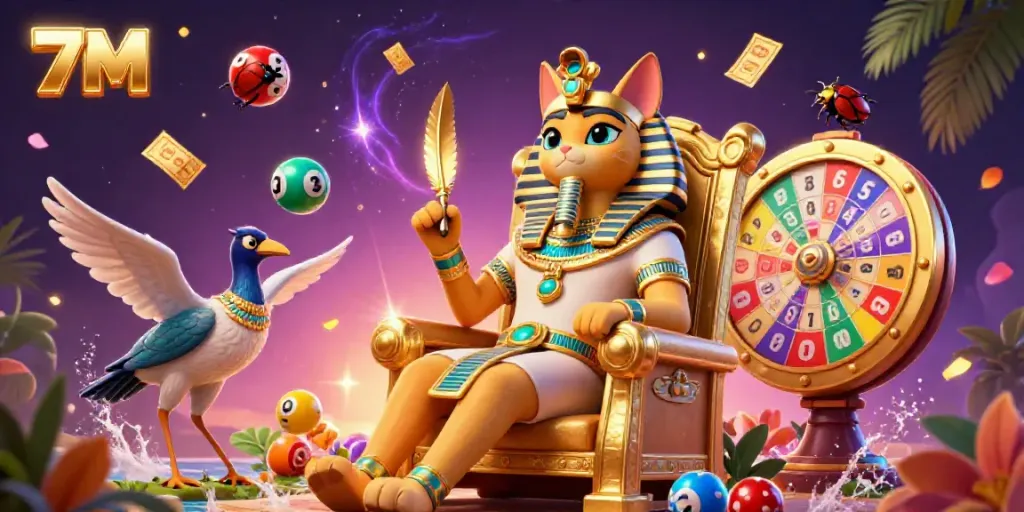 Experience 7M's vibrant world with dynamic lottery elements and a royal cat in a lively 3D illustration.