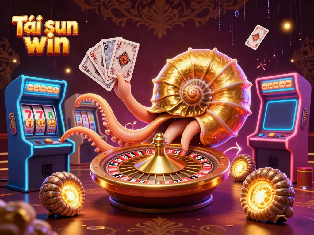 Experience the thrill of Tải sun win with a vibrant casino illustration featuring a golden roulette shell and glowing companions.