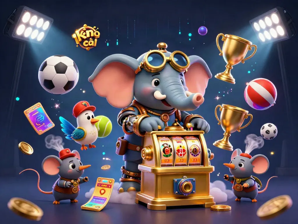 Experience kèo nhà cái through a steampunk elephant engineer operating a whimsical slot machine among sports elements.