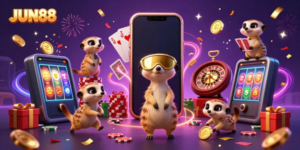 Engage with the excitement at JUN88 with playful meerkats operating a lively casino environment.