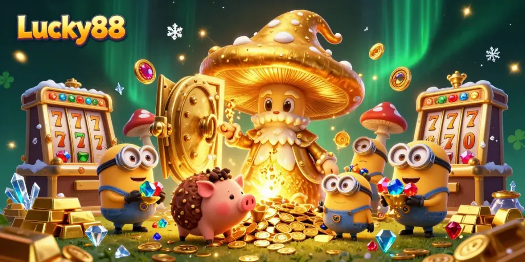 Experience the thrilling magic of Lucky88 with golden treasures and slot symbols in this captivating scene.