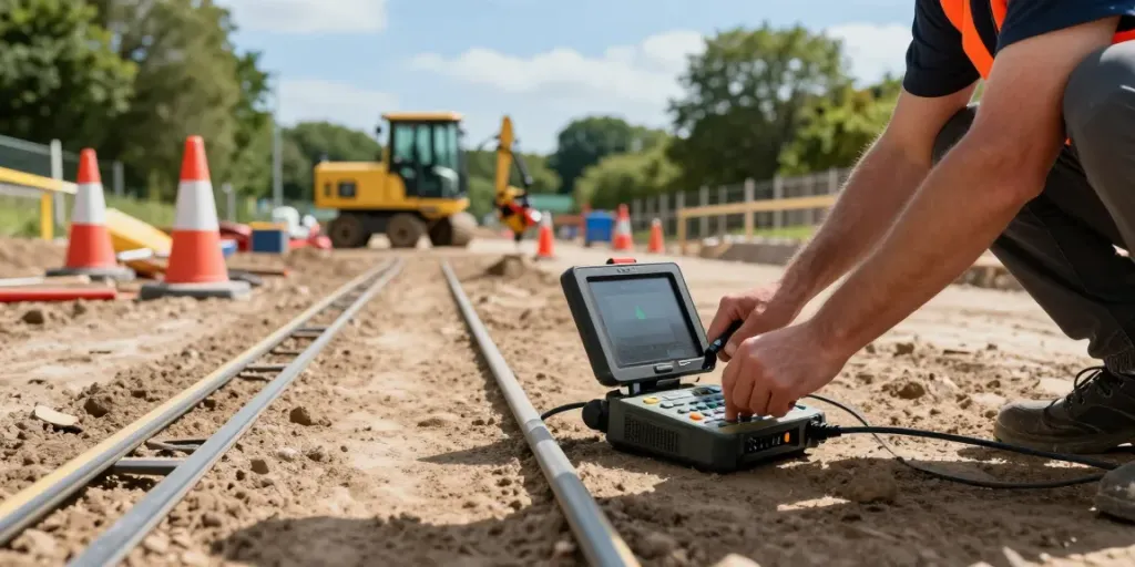 Utility Survey Surrey technician conducting GPR mapping at construction site.