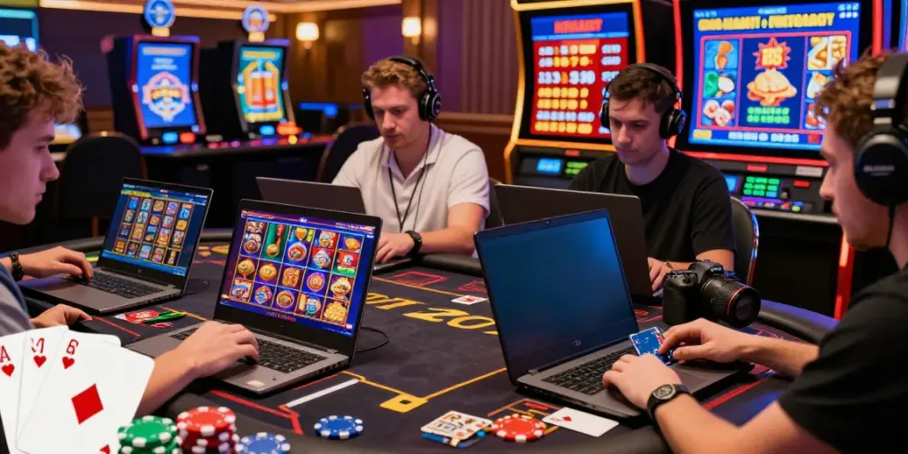Online casinos that accept credit card players engaging with colorful slot games and promotions