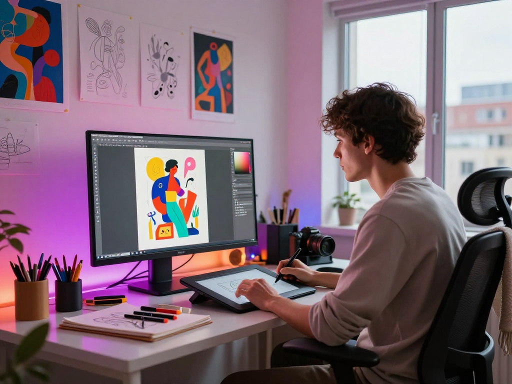 Creating nsfw ai digital art in a modern studio with vibrant lighting