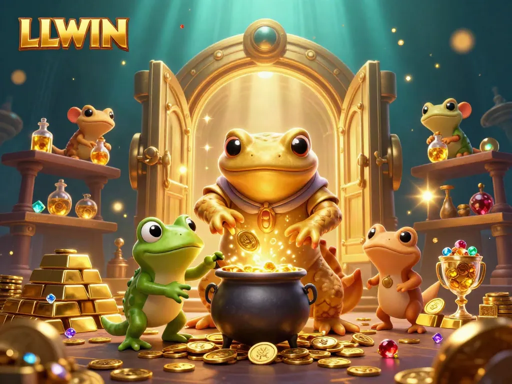 Experience LLWIN's enchanted world of gold coins and vibrant treasures in this 3D scene.