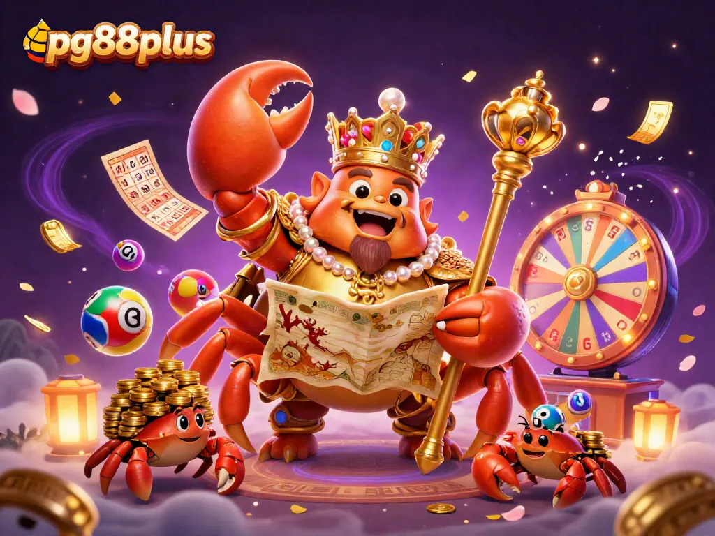 Experience thrilling lottery excitement with pg88plus featuring a cartoon crab emperor and colorful game elements.