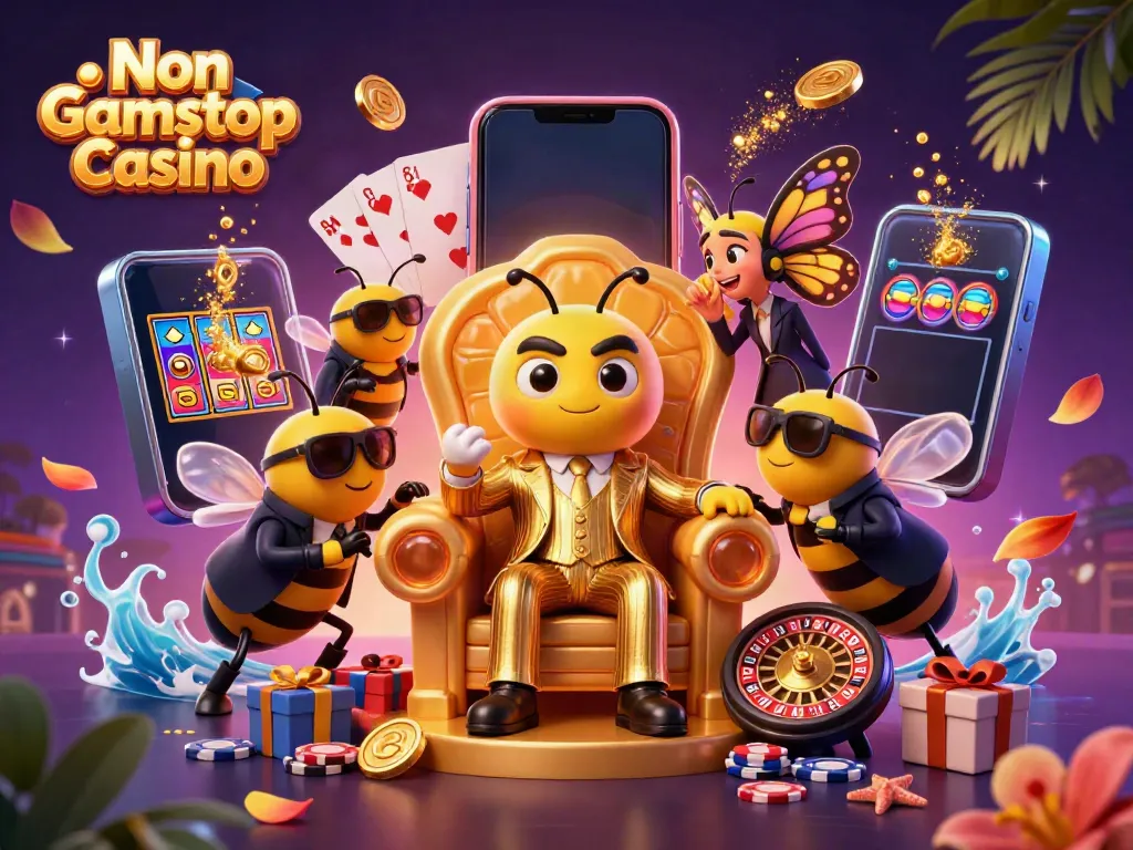 Experience the excitement of a Non Gamstop Casino with a bumblebee mob boss and vibrant gaming elements.