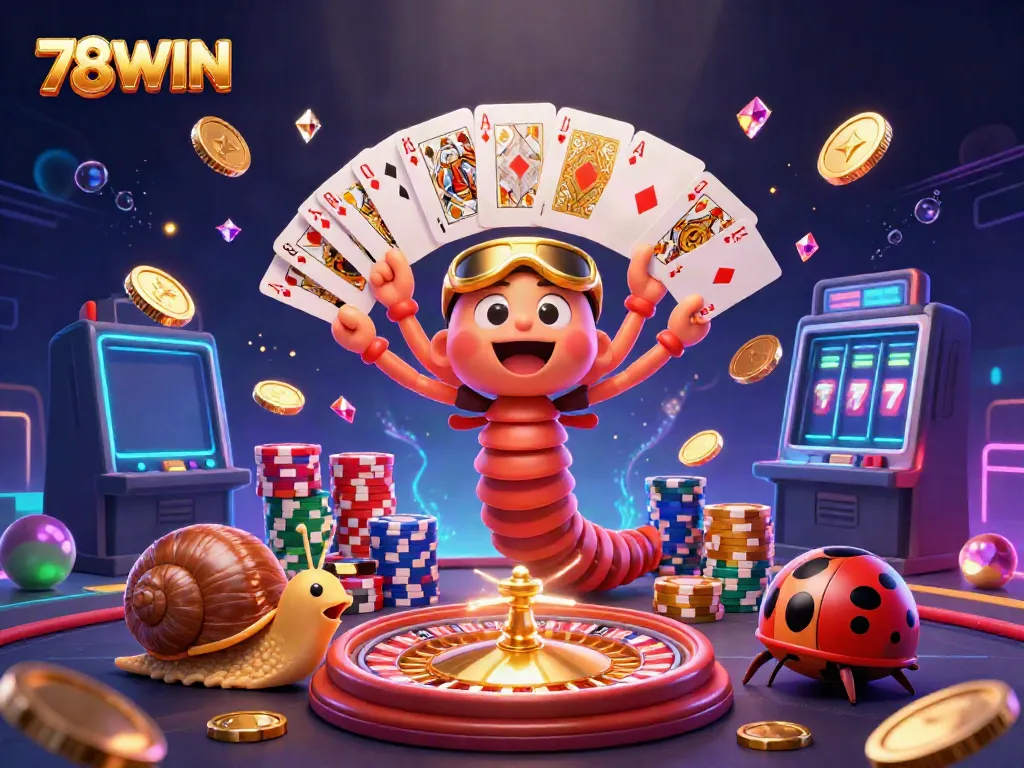 Experience the thrill of 78WIN with a lively 3D cartoon casino scene featuring a unique dealer and high-roller.