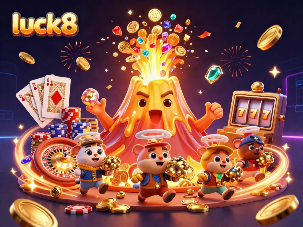 Experience excitement at luck8 with a golden volcano, treasures, and casino elements flowing around.