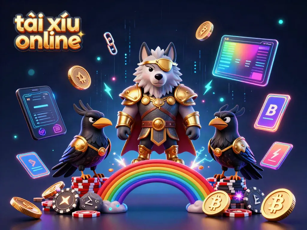 Engage in tài xỉu online with vibrant visuals of Odin, ravens, and neon blockchain coins.