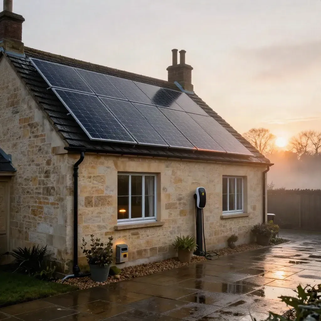 Bath stone home with solar panels, glowing battery cupboard and EV charger at dawn
