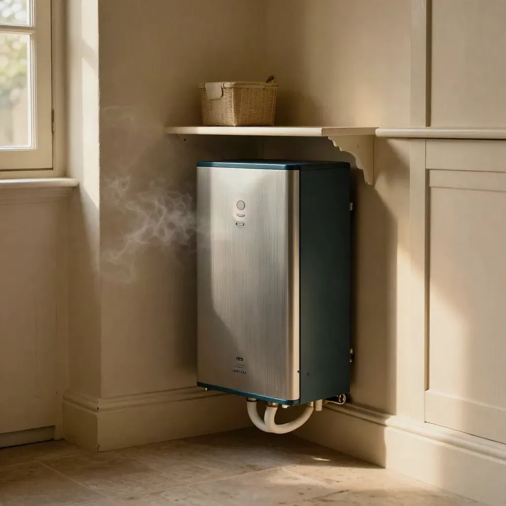 Wall-mounted battery cabinet glowing in a cosy utility nook beside boiler piping.