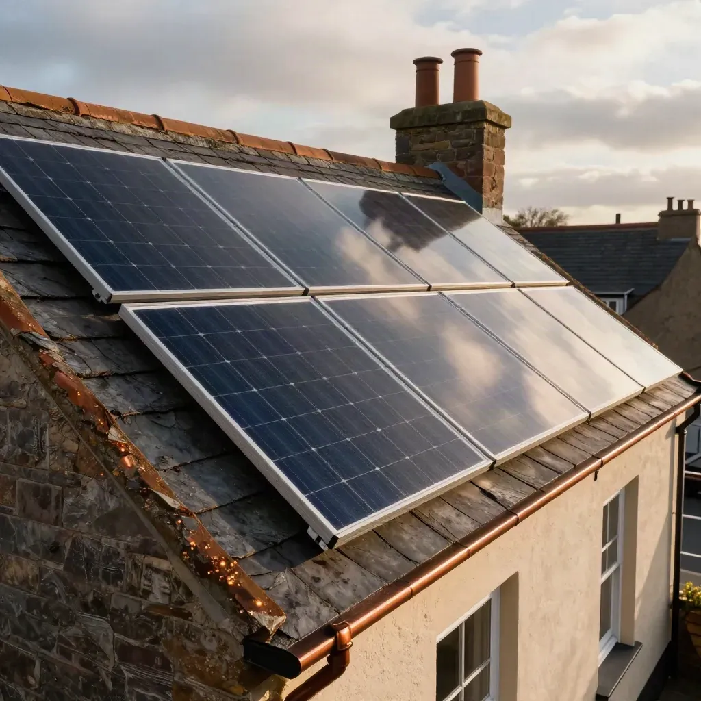Solar PV panels on a slate roof with copper guttering in warm late-morning light.