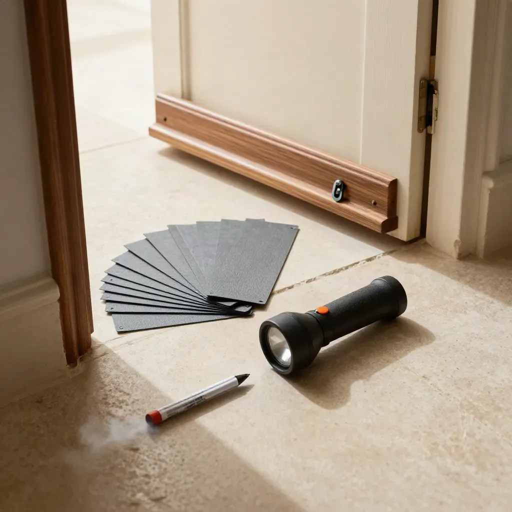 Loft hatch audit kit with smoke pencil and torch on a pale stone hallway floor.