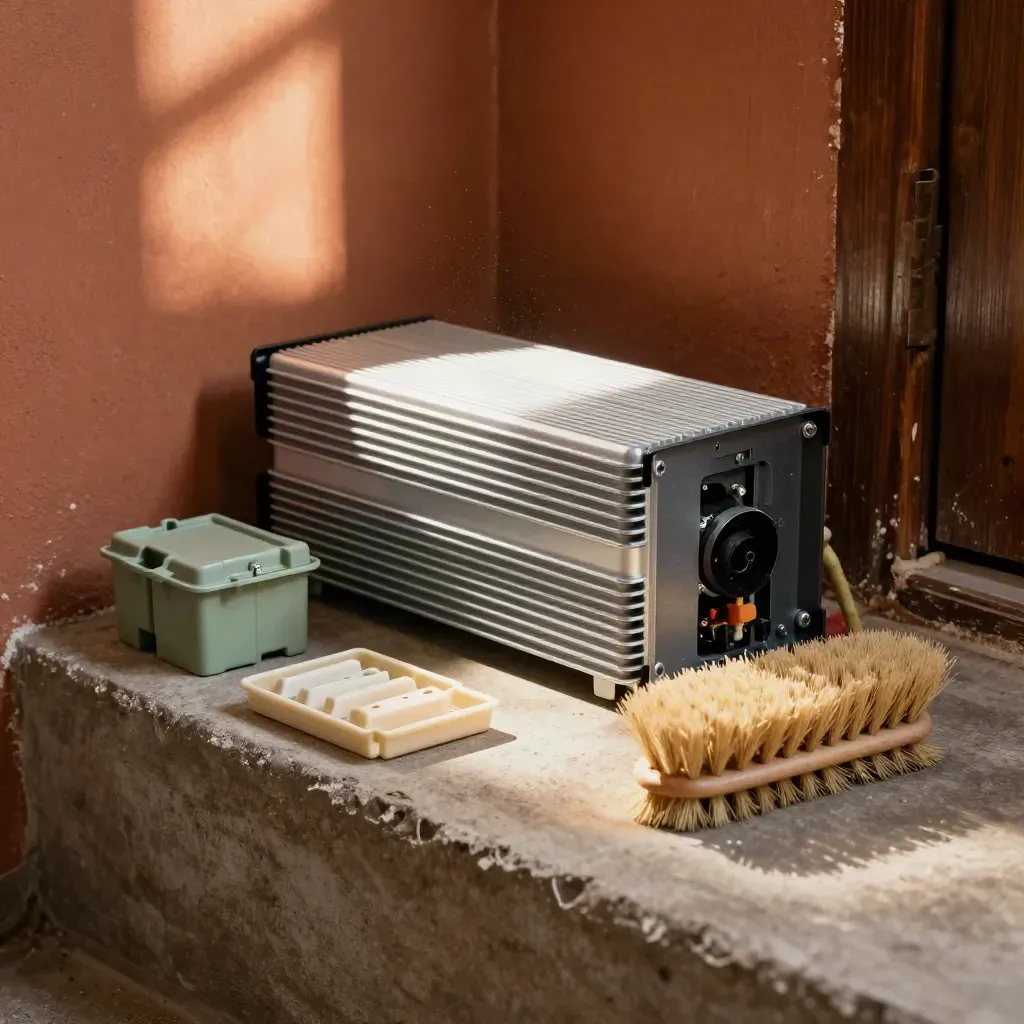 Solar inverter maintenance gear on a concrete step in warm late-afternoon light.