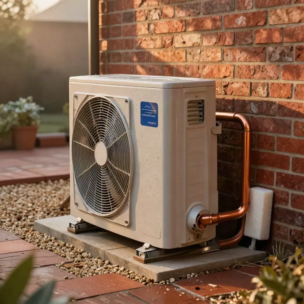 Heat pump unit beside a brick wall with copper pipework and misty morning condensate.