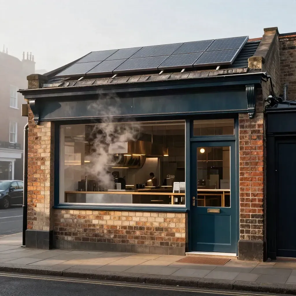 Bristol cafe with roof solar, venting and glowing counter behind a misty frontage.