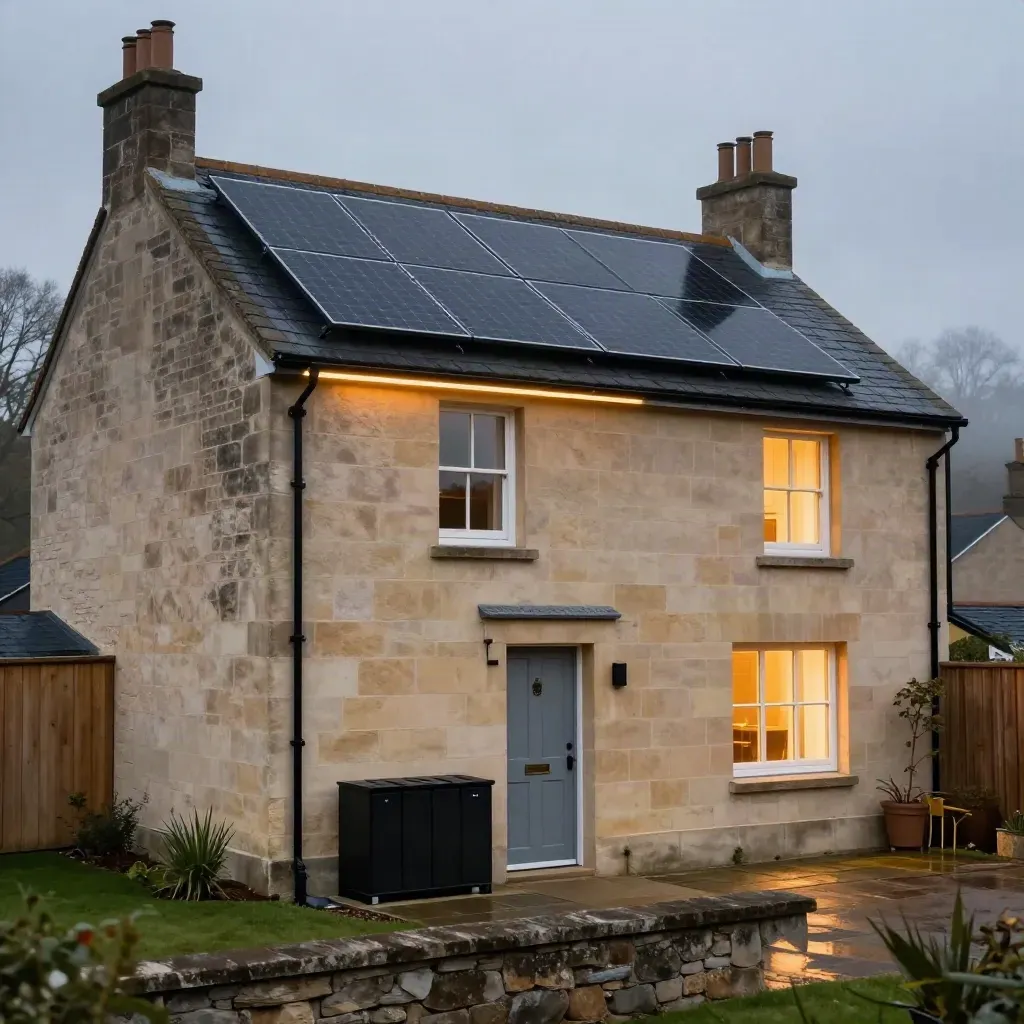 Bath stone home with solar panels, glowing window and battery cabinet at dusk