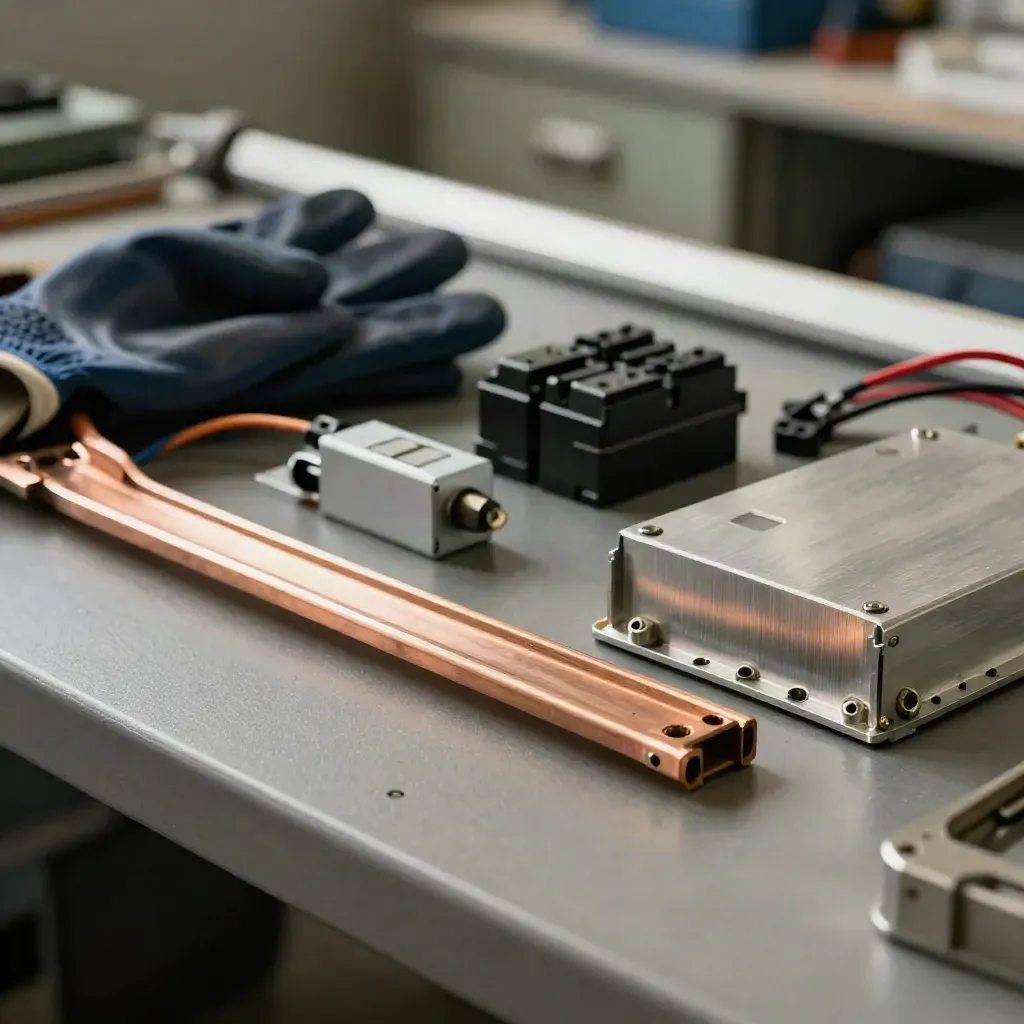 Battery module, busbars, fuse blocks and insulated gloves on a workshop bench under dramatic light.