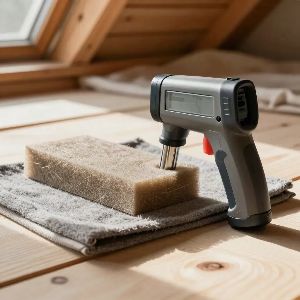 Thermal leak meter, infrared thermometer and foam seal sample on a wool mat in attic light.