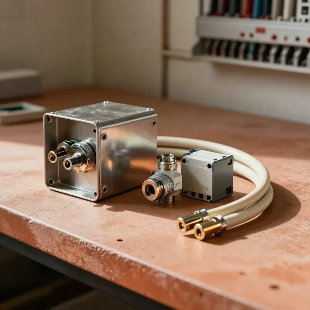 Electrical components on a terracotta workbench in soft daylight, editorial still life.
