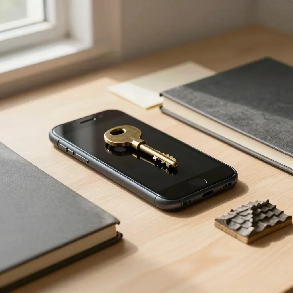 Black phone, brass key, notebook and roof tile on pale wood desk in soft window light.